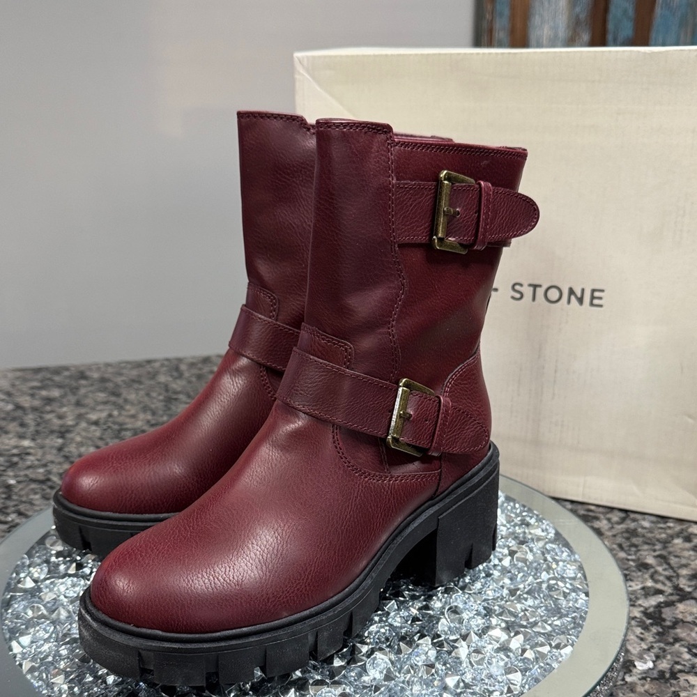 Sun + Stone Women's Burgundy Combat Boots NEW 5 - Picture 6 of 16